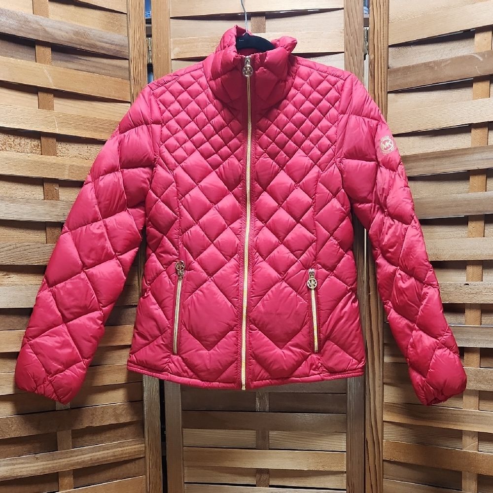Michael Kors Red Diamond Quilted Puffer Jacket Women S Gold Nylon Down Feather